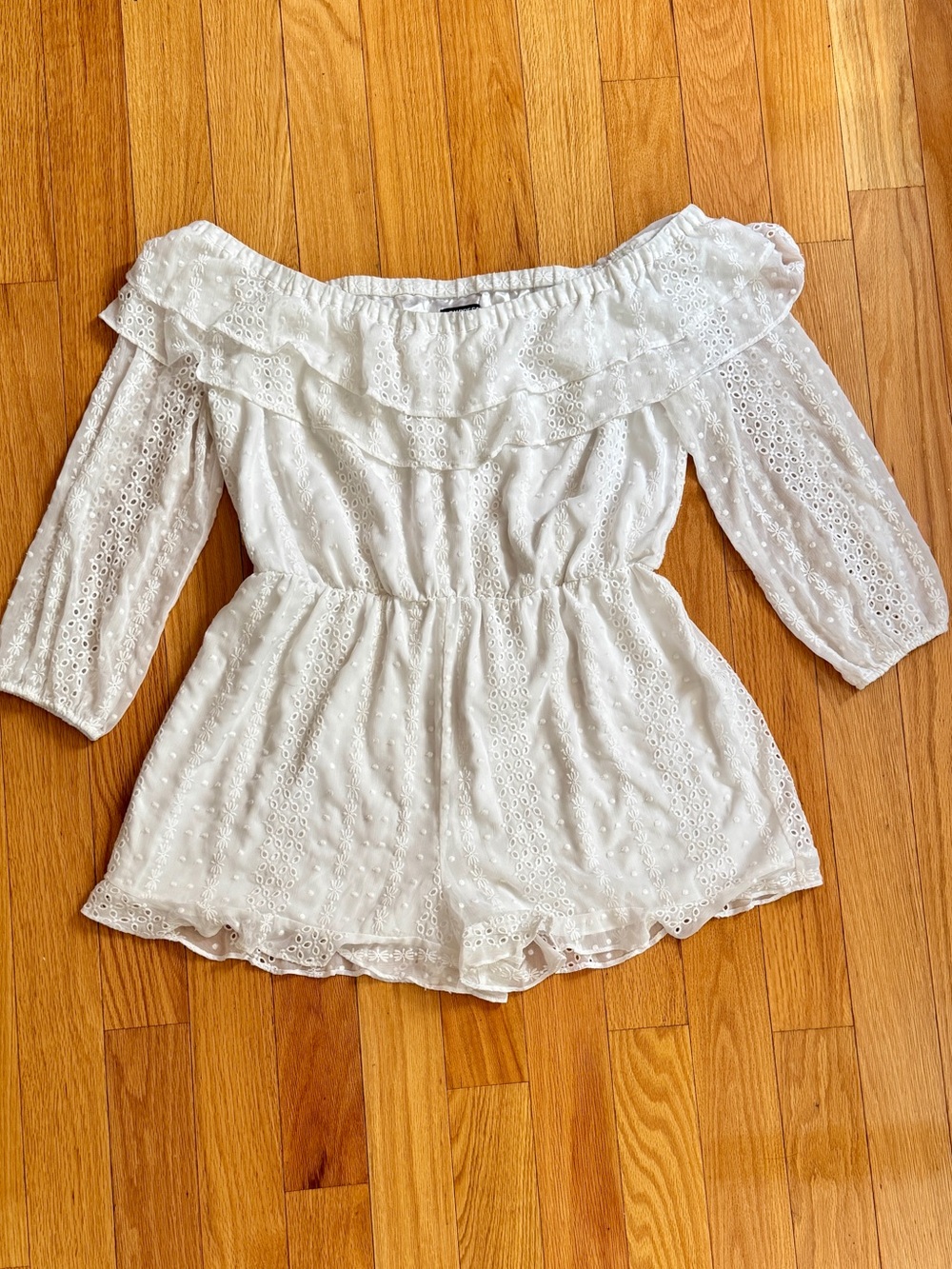 Express White Off-Shoulder Eyelet Tunic Romper